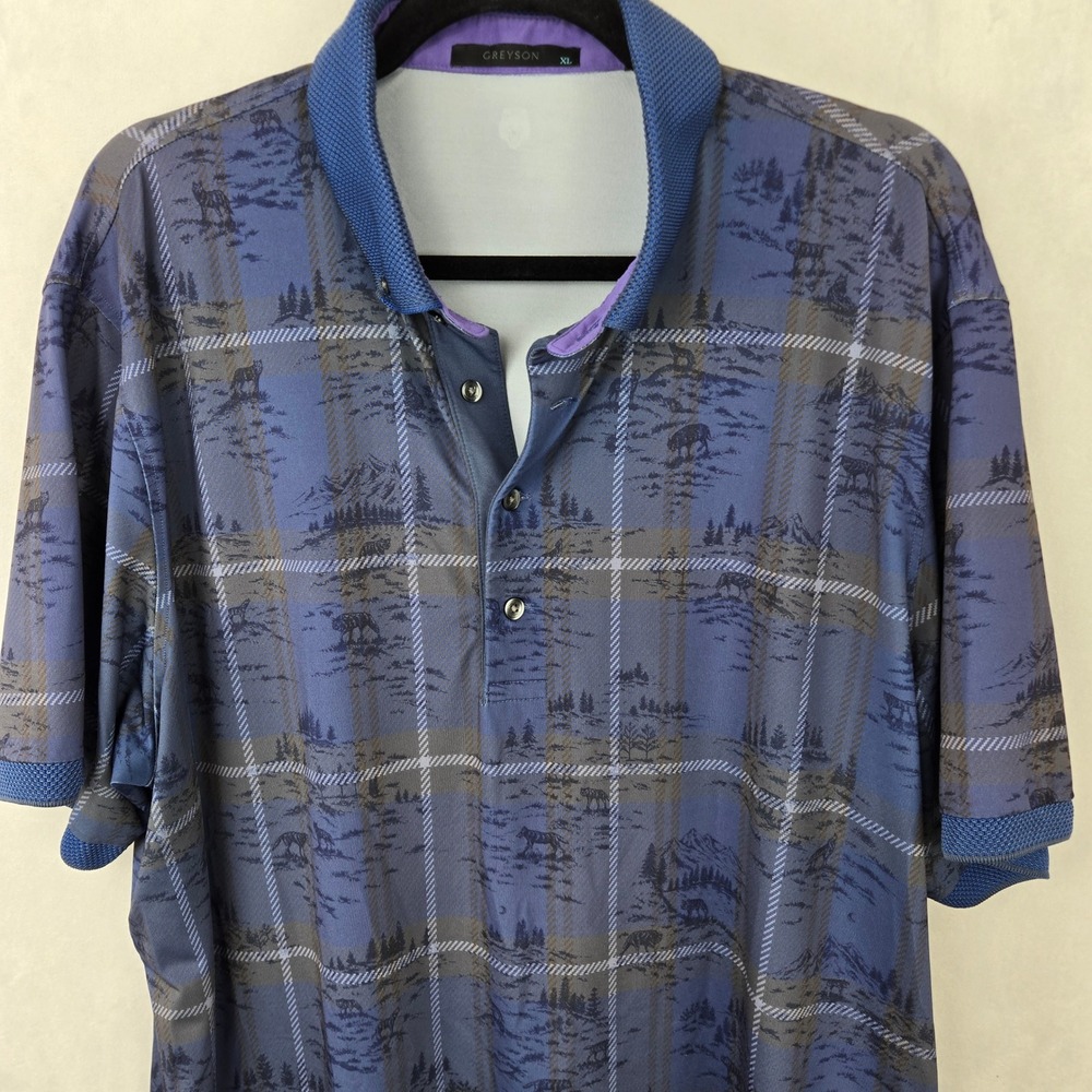 Greyson XL Mens Polo Shirt Blue Plaid Wolf Mountain Animal Golf Performance Rare